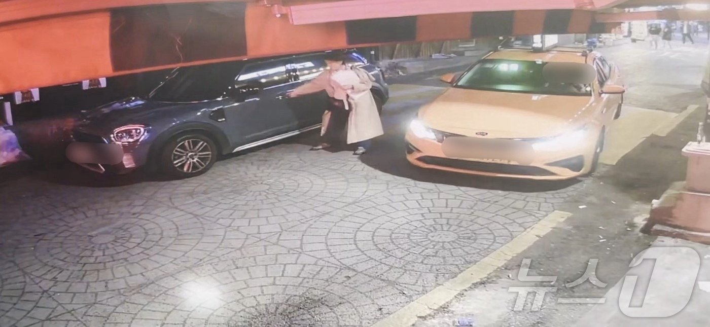 본문 이미지 - 5일 새벽 이태원동의 한 골목에서 문다혜 씨가 타인의 차를 자기 차로 착각해 문을 열려고 하고 있다. 2024.10.07/뉴스1