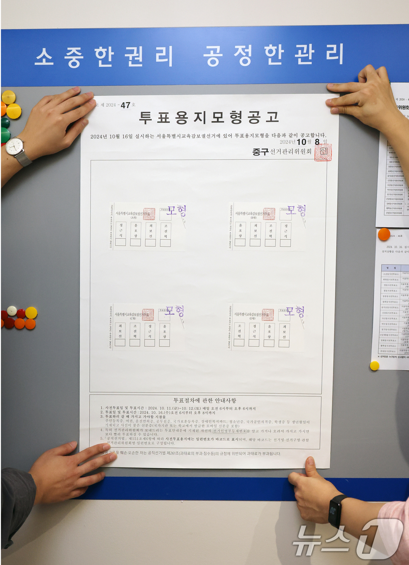 (서울=뉴스1) 황기선 기자 = 8일 오전 서울 중구선거관리위원회에서 직원이 서울시교육감보궐선거 투표용지 모형공고문을 게시하고 있다. 2024.10.8/뉴스1