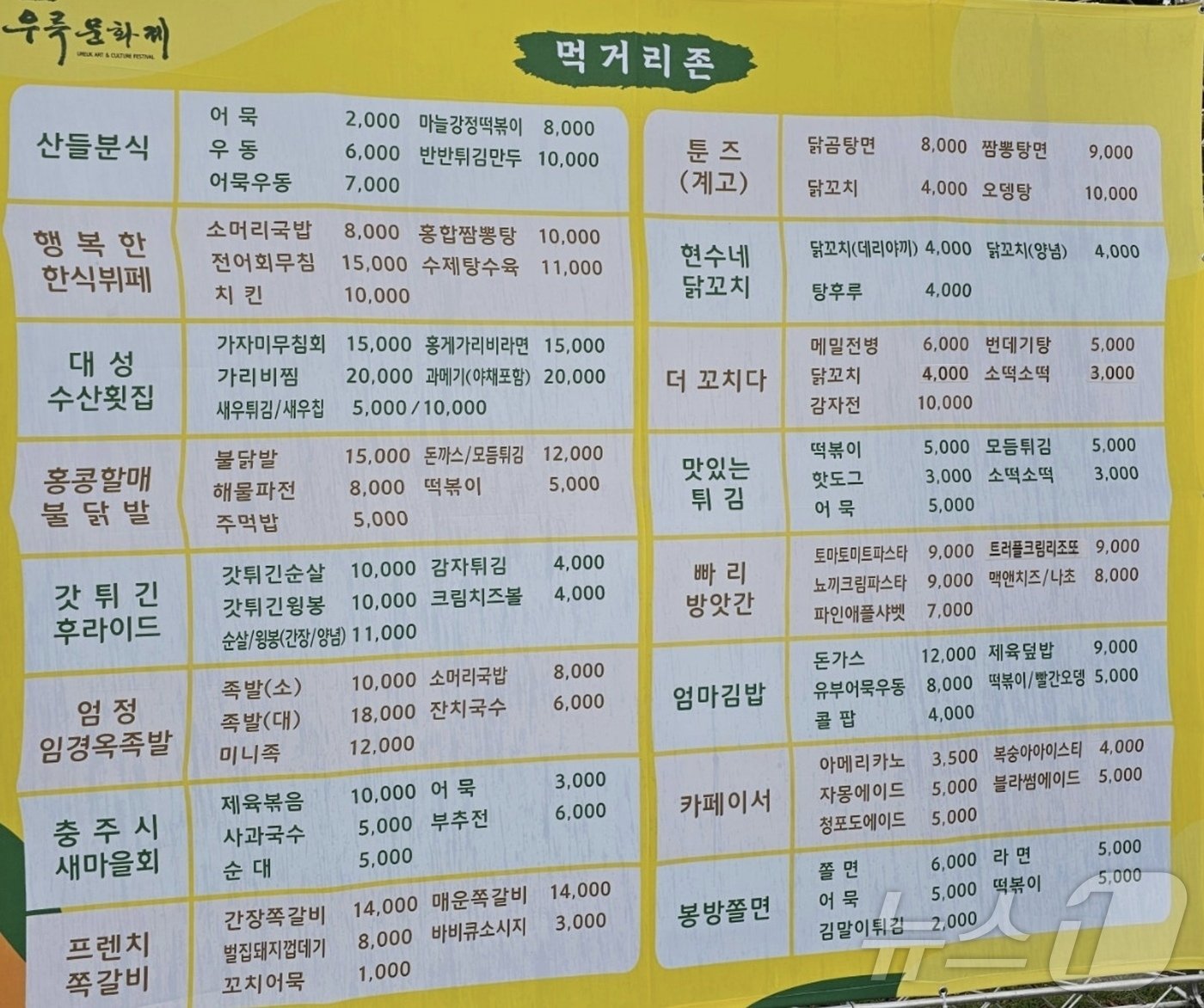  우륵문화제 먹거리존 메뉴와 가격표.&#40;충주시닷컴 게시글 캡처&#41;/뉴스1