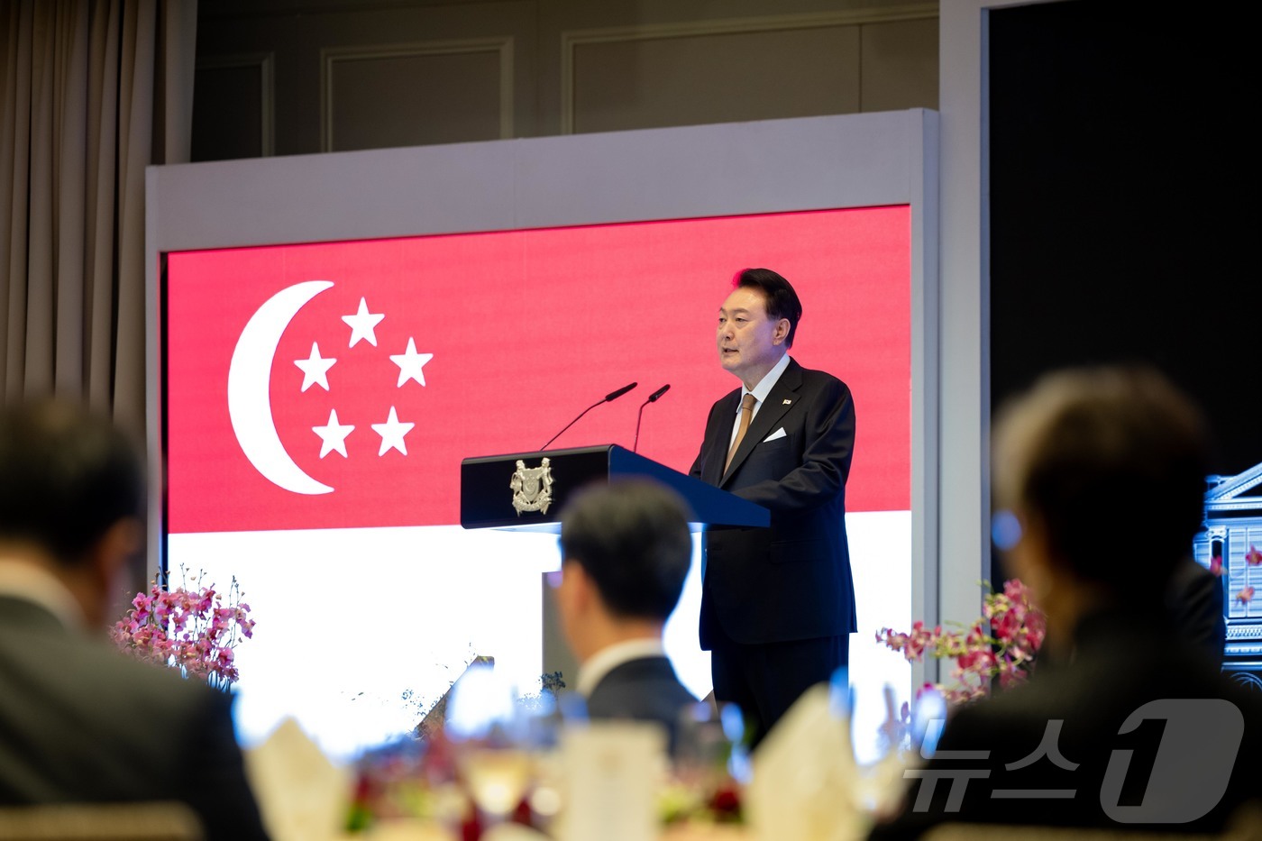 (서울=뉴스1) 박지혜 기자 = 윤석열 대통령이 8일 오후(현지시간) 싱가포르의 한 호텔에서 타르만 샨무가라트남 싱가포르 대통령 주최로 열린 국빈 만찬에 참석해 답사를 하고 있다. …