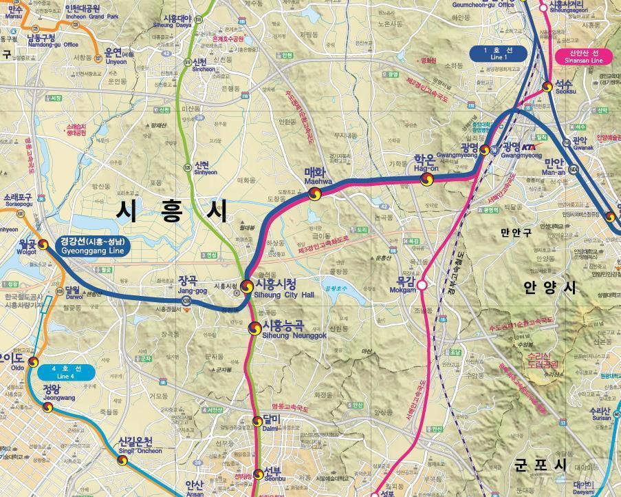 본문 이미지 - 개통예정인 신안산선, 경강선 포함한 시흥시청역 예정 광역철도노선도.(시흥시 제공)