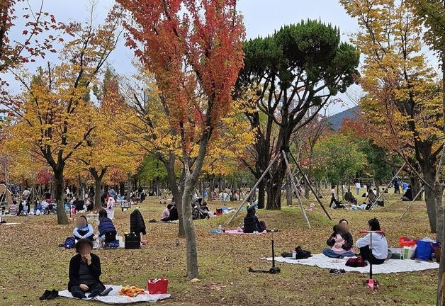 포근한 주말, 부산시민공원 늦가을 나들이객 '북적'