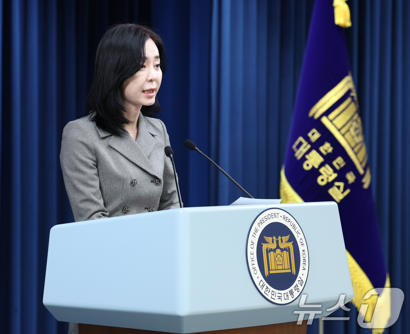 (서울=뉴스1) 송원영 기자 = 정혜전 대통령실 대변인이 11일 서울 용산 대통령실 청사 브리핑룸에서 수석비서관 회의 등 현안 관련 브리핑을 하고 있다. 2024.11.11/뉴스1 …