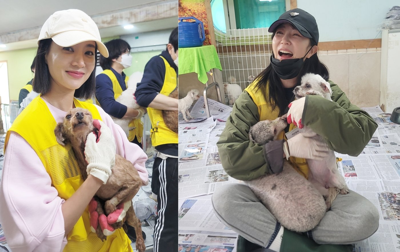 배우 김하린&#40;왼쪽&#41;과 안혜경이 레인보우쉼터 강아지를 안고 있다. &#40;블루엔젤봉사단 제공&#41; ⓒ 뉴스1