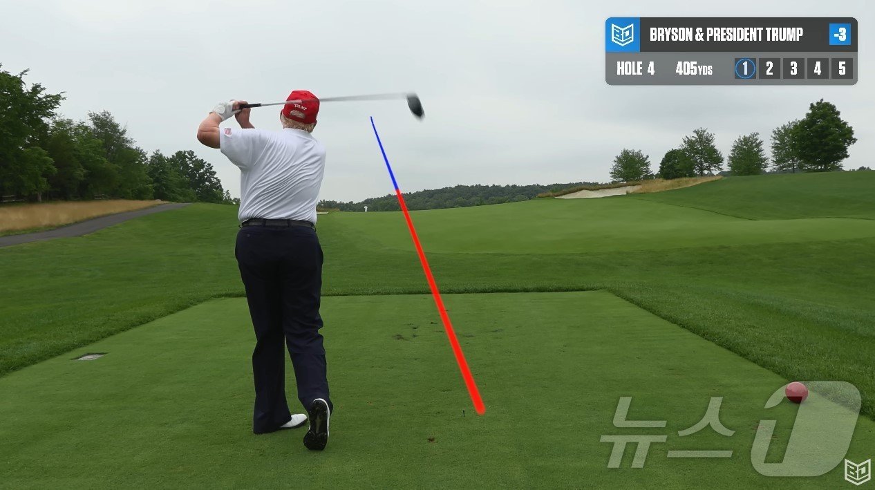 본문 이미지 - 도널드 트럼프 미국 대통령 당선인이 지난 7월 브라이슨 디섐보 미 프로 골퍼 유튜브 채널에 출연해 드라이버샷을 한 뒤 궤적을 바라보고 있다. <브라이슨 디섐보 유튜브 채널 캡처>