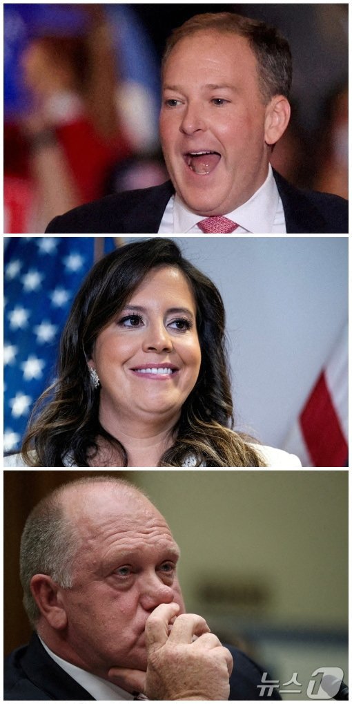 본문 이미지 - 미 환경보호청(EPA) 청장에 지명된 리 젤딘(44) 전 하원의원(위), 주 유엔 미국대사에 지명된 엘리스 스터파닉(40·뉴욕) 하원의원(가운데), 국경 담당 차르(czar)로 내정된 톰 호먼(62) 전 이민세관단속국(ICE) 국장 직무대행. ⓒ 로이터=뉴스1 ⓒ News1 김예슬 기자