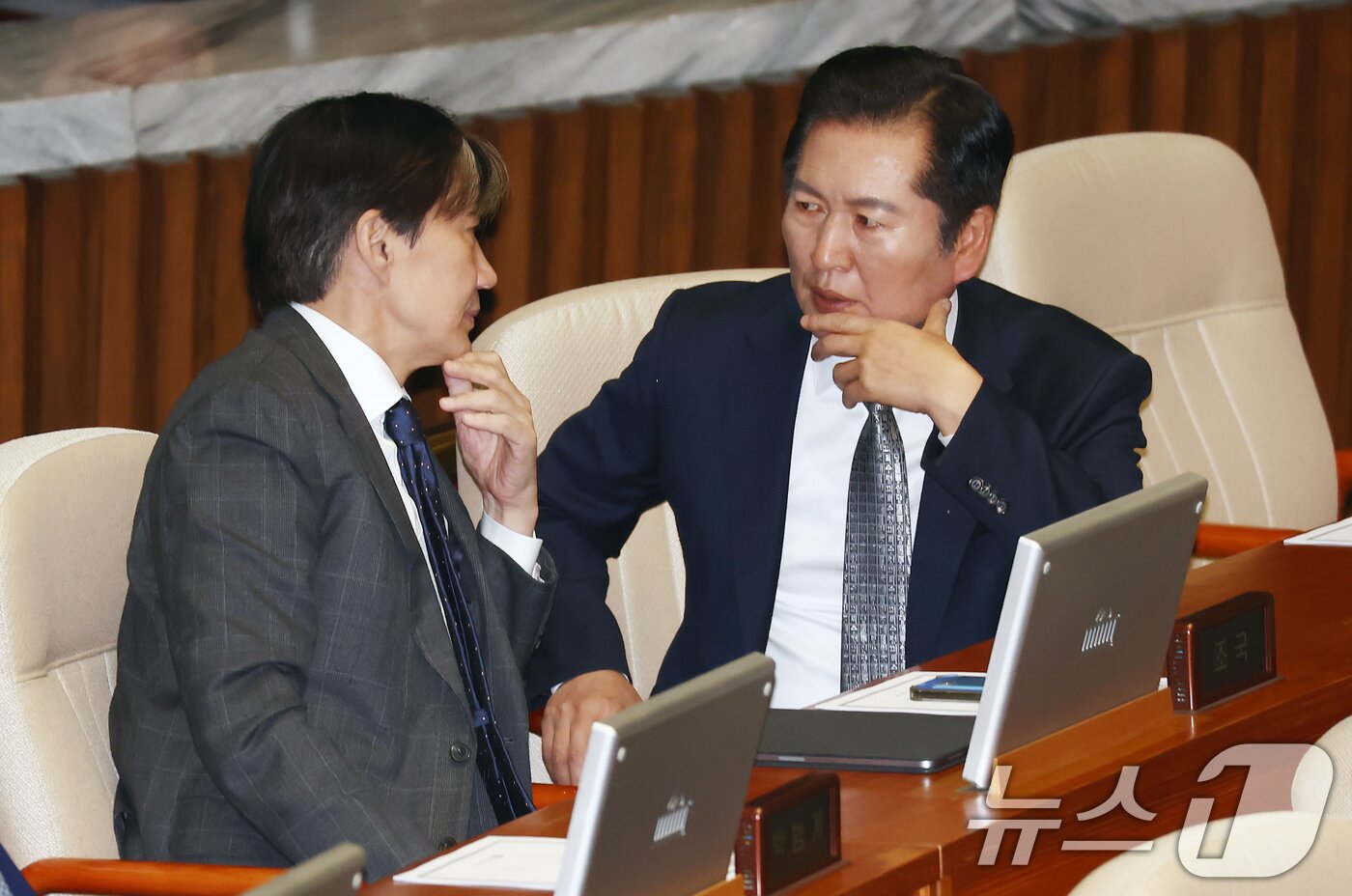 본문 이미지 - 조국 조국혁신당 대표와 정청래 법사위원장이 2024년 11월 14일 오후 서울 여의도 국회에서 열린 제418회국회(정기회) 제12차 본회의에서 대화하고 있다. 2024.11.14/뉴스1 ⓒ News1 김민지 기자