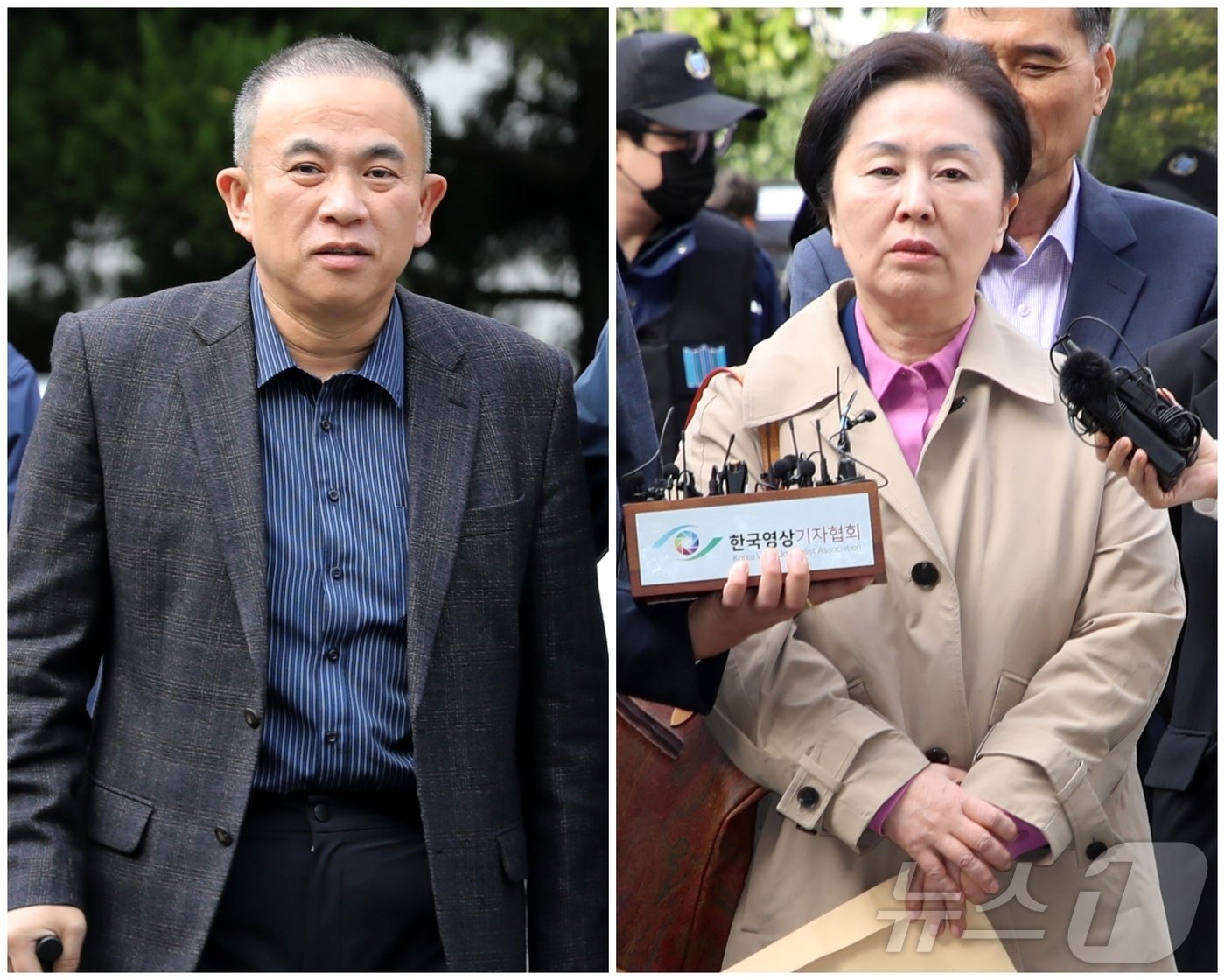 본문 이미지 - 윤석열 대통령 부부 공천 개입 의혹의 핵심 인물인 명태균(왼쪽) 씨와 김영선 전 국민의힘 의원이 14일 오후 공천을 대가로 정치자금을 주고받은 혐의(정치자금법 위반)로 경남 창원시 성산구 창원지방법원에서 열린 구속 전 피의자 심문(영장실질심사)에 각각 출석하고 있다. 2024.11.14/뉴스1 ⓒ News1 윤일지 기자