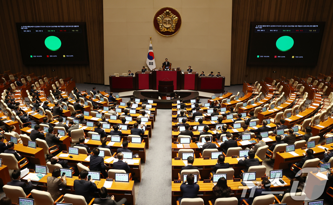 (서울=뉴스1) 김민지 기자 = 14일 오후 서울 여의도 국회에서 열린 제418회국회(정기회) 제12차 본회의에서 국민의힘 의원들이 표결에 불참한 가운데 윤석열 대통령 배우자 김건 …