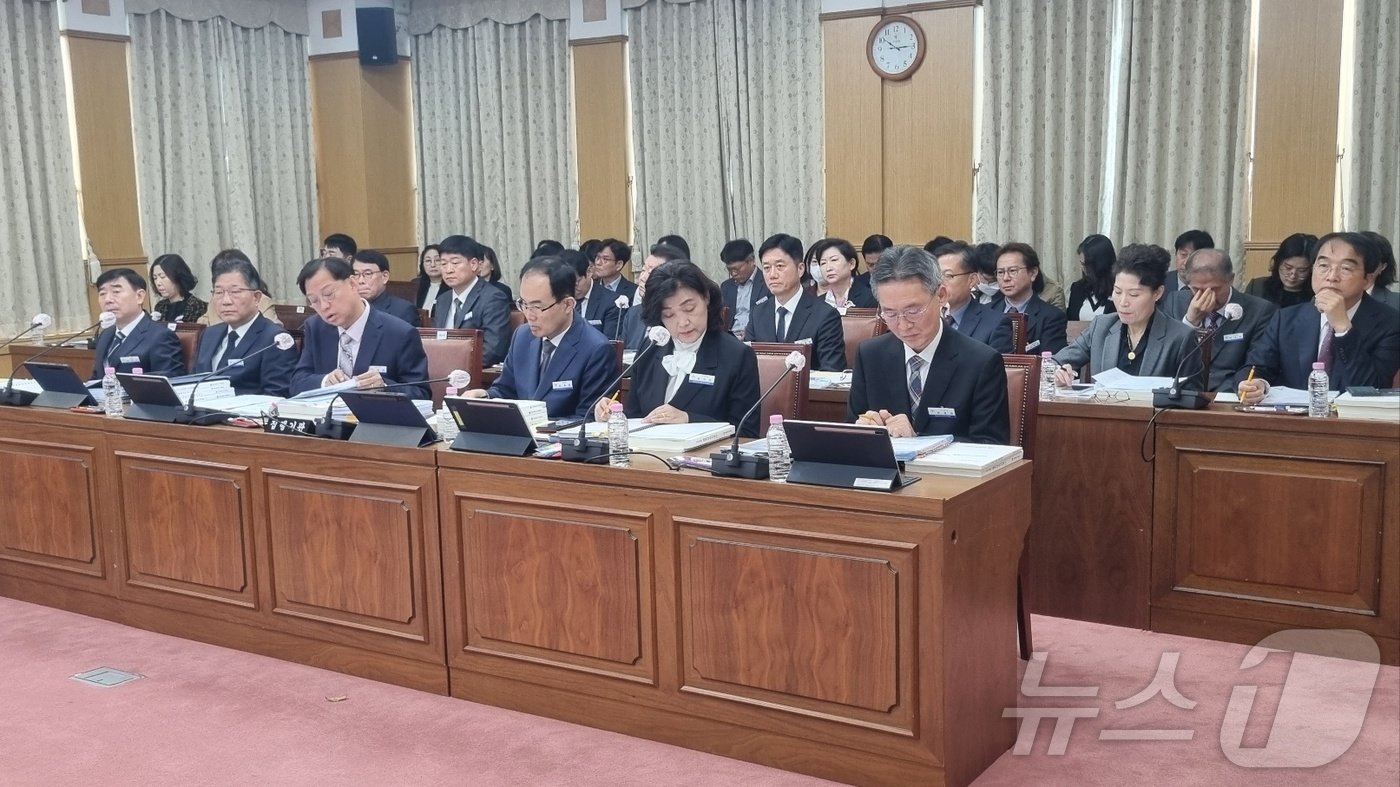본문 이미지 - 대전교육청 국장들과 동·서부교육지원청 교육장 등이 대전시의회 교육위원회 소관 행정사무감사에 임하고 있다. 2024.11.15/뉴스1 ⓒ News1 김태진 기자