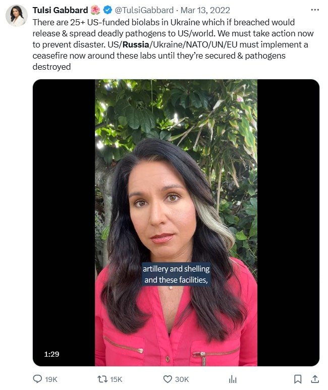 본문 이미지 - 털시 개버드 전 하원의원이 자신의 SNS에 올린 우크라이나 관련 영상 메시지 갈무리. 2022.03.13/