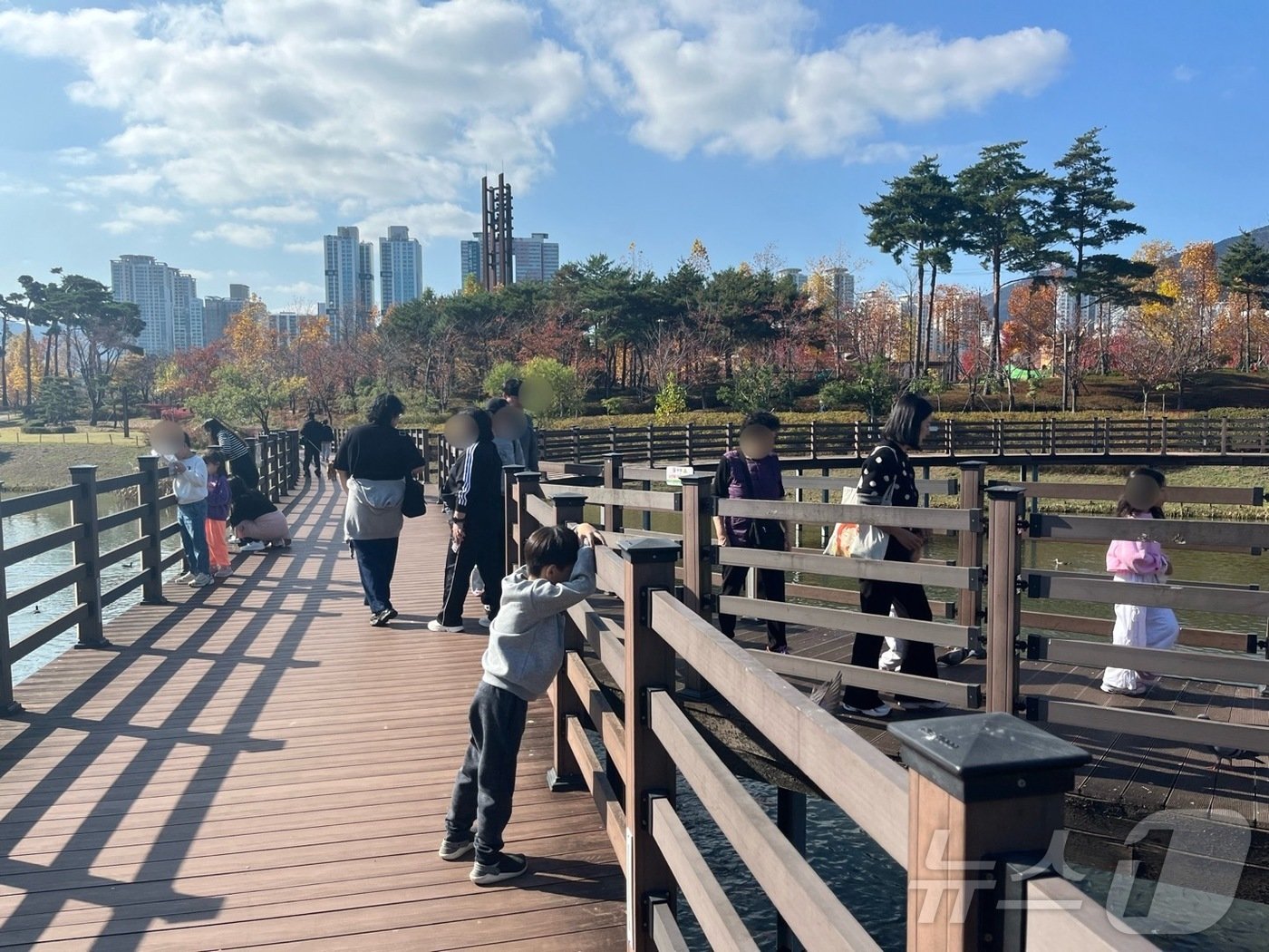 본문 이미지 - 16일 오전 부산시민공원을 방문한 나들이객들이 연못의 물고기를 보며 걷고 있다.2024.11.16/ⓒ News1 장광일 기자