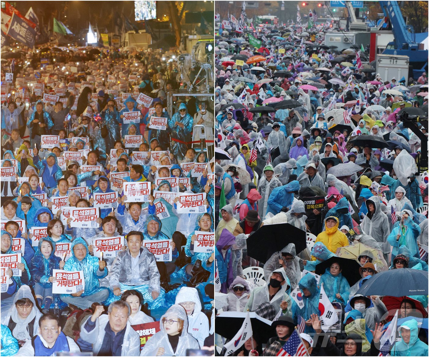 본문 이미지 - 16일 서울 종로구 광화문광장 인근에서 윤석열 정권을 규탄하는 '김건희·윤석열 국정농단 규탄·특검 촉구 제3차 국민행동의 날 및 시민사회 연대 집회'(왼쪽)와 이재명 더불어민주당 대표의 구속을 촉구하는 '이재명 구속 촉구 광화문국민혁명대회'가 열리고 있다. 2024.11.16/뉴스1 ⓒ News1 김명섭 기자