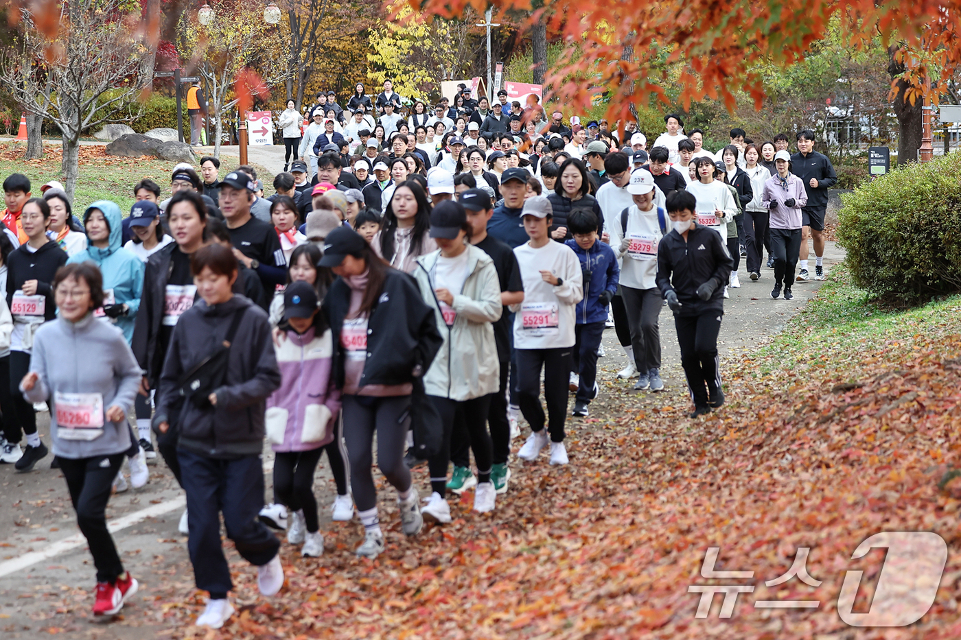 (서울=뉴스1) 민경석 기자 = 17일 오전 서울 마포구 상암 월드컵공원 평화광장에서 열린 '2024 손기정 평화마라톤' 5km 코스에 참가한 시민들이 힘차게 출발하고 있다.이날 …