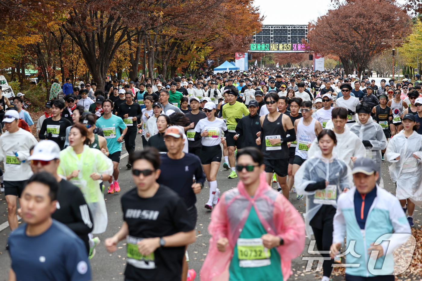 (서울=뉴스1) 민경석 기자 = 17일 오전 서울 마포구 상암 월드컵공원 평화광장에서 열린 '2024 손기정 평화마라톤' 10.5km 코스에 참가한 시민들이 힘차게 출발하고 있다. …