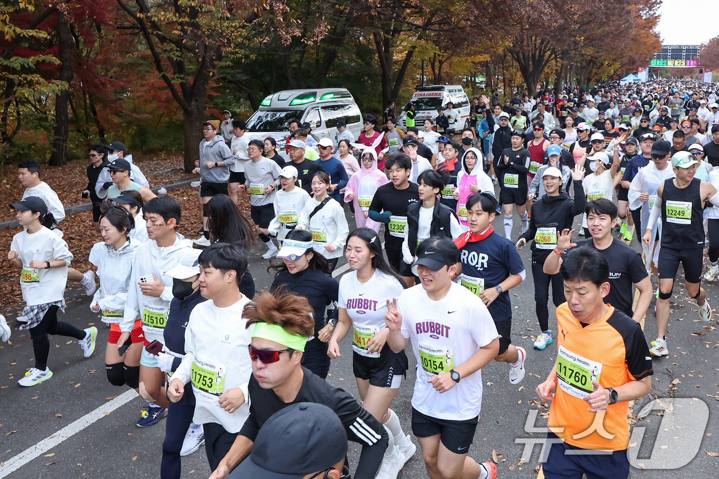 (서울=뉴스1) 민경석 기자 = 17일 오전 서울 마포구 상암 월드컵공원 평화광장에서 열린 '2024 손기정 평화마라톤' 10.5km 코스에 참가한 시민들이 힘차게 출발하고 있다. …