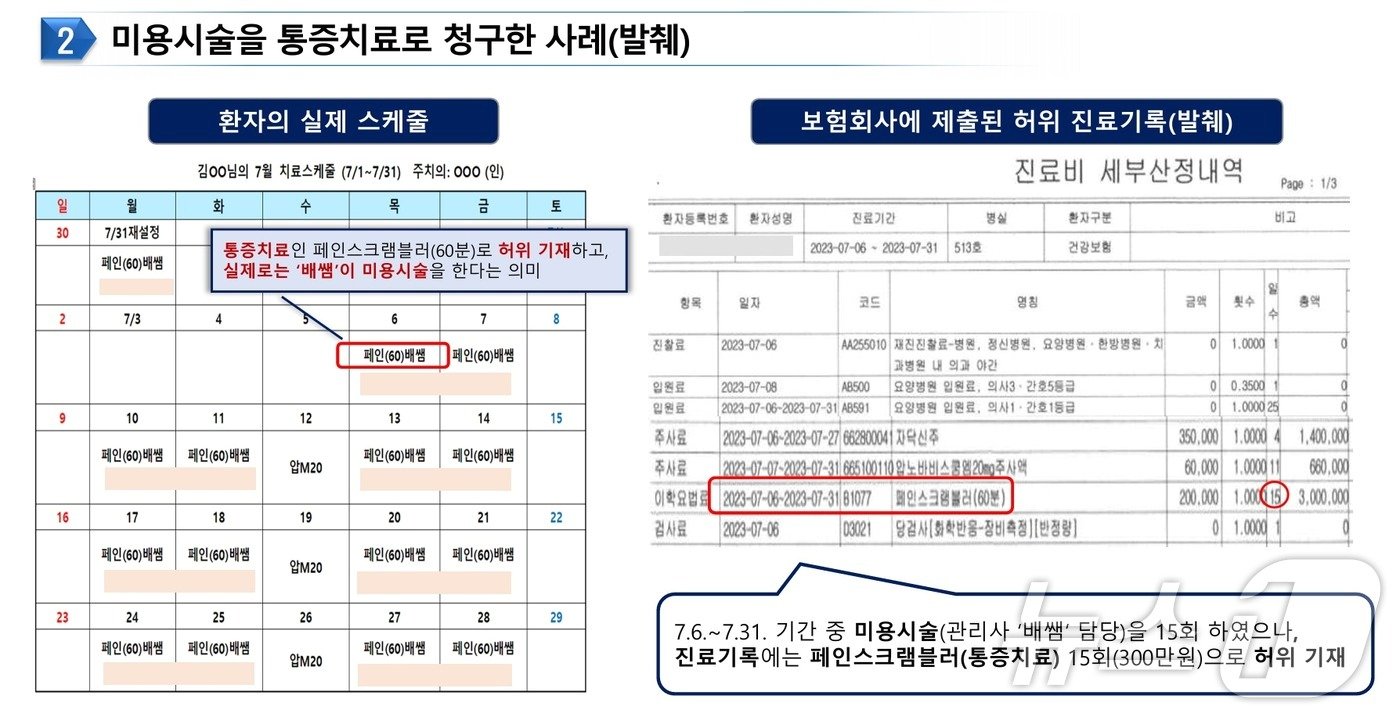 미용시술을 통증치료로 청구한 사례/사진제공=금융감독원