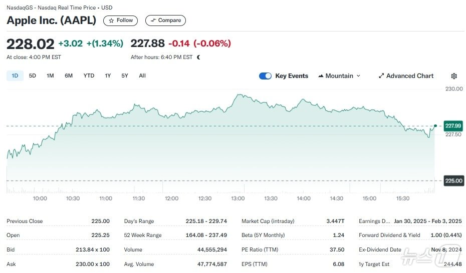 본문 이미지 - 애플 일일 주가추이 - 야후 파이낸스 갈무리