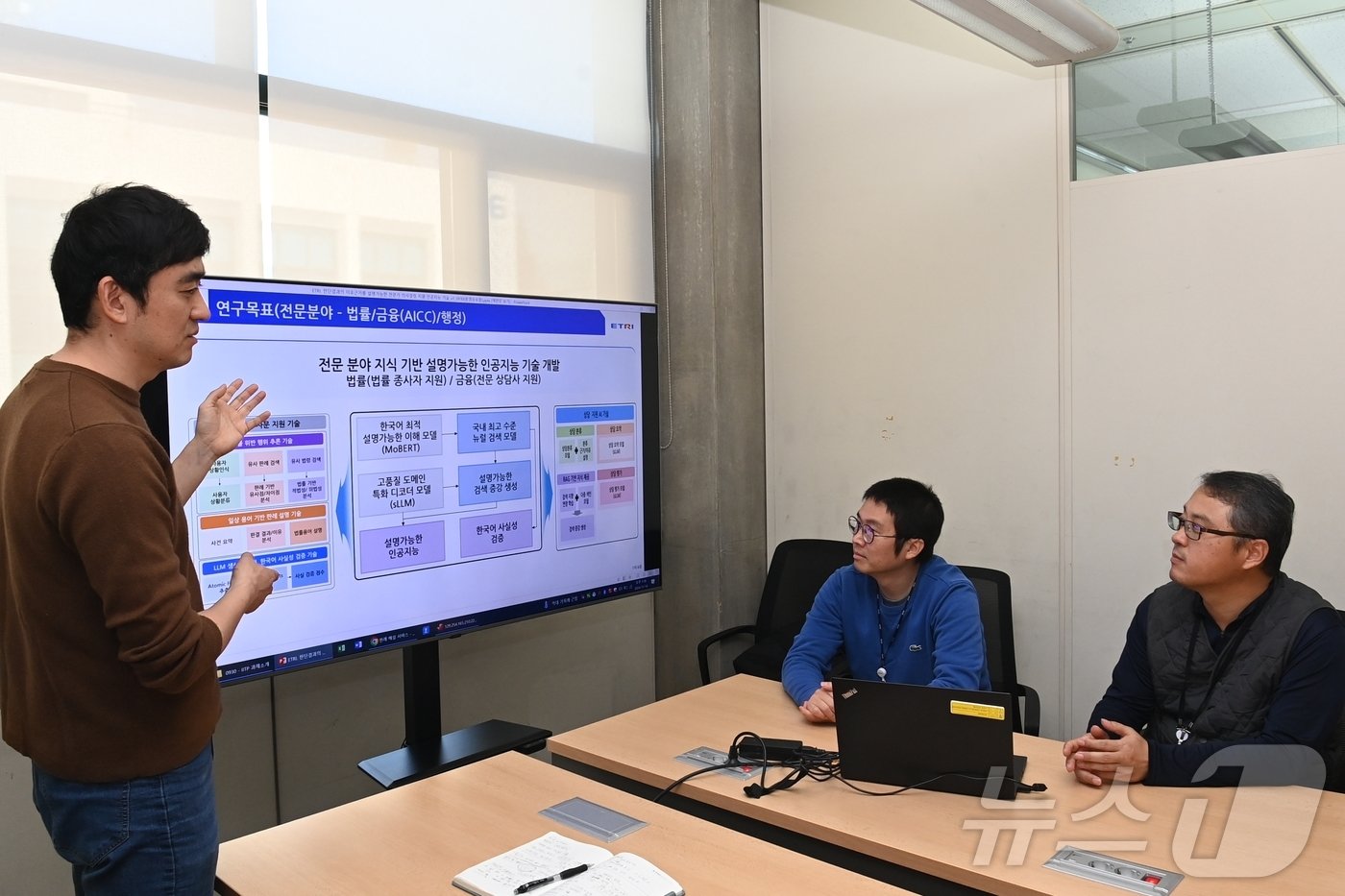 본문 이미지 - ETRI 연구진이 전문 분야 설명 가능한 인공지능을 위한 검색증강생성(RAG) 응용 기술에 대해 의견을 나누고 있다.(ETRI 제공)/뉴스1