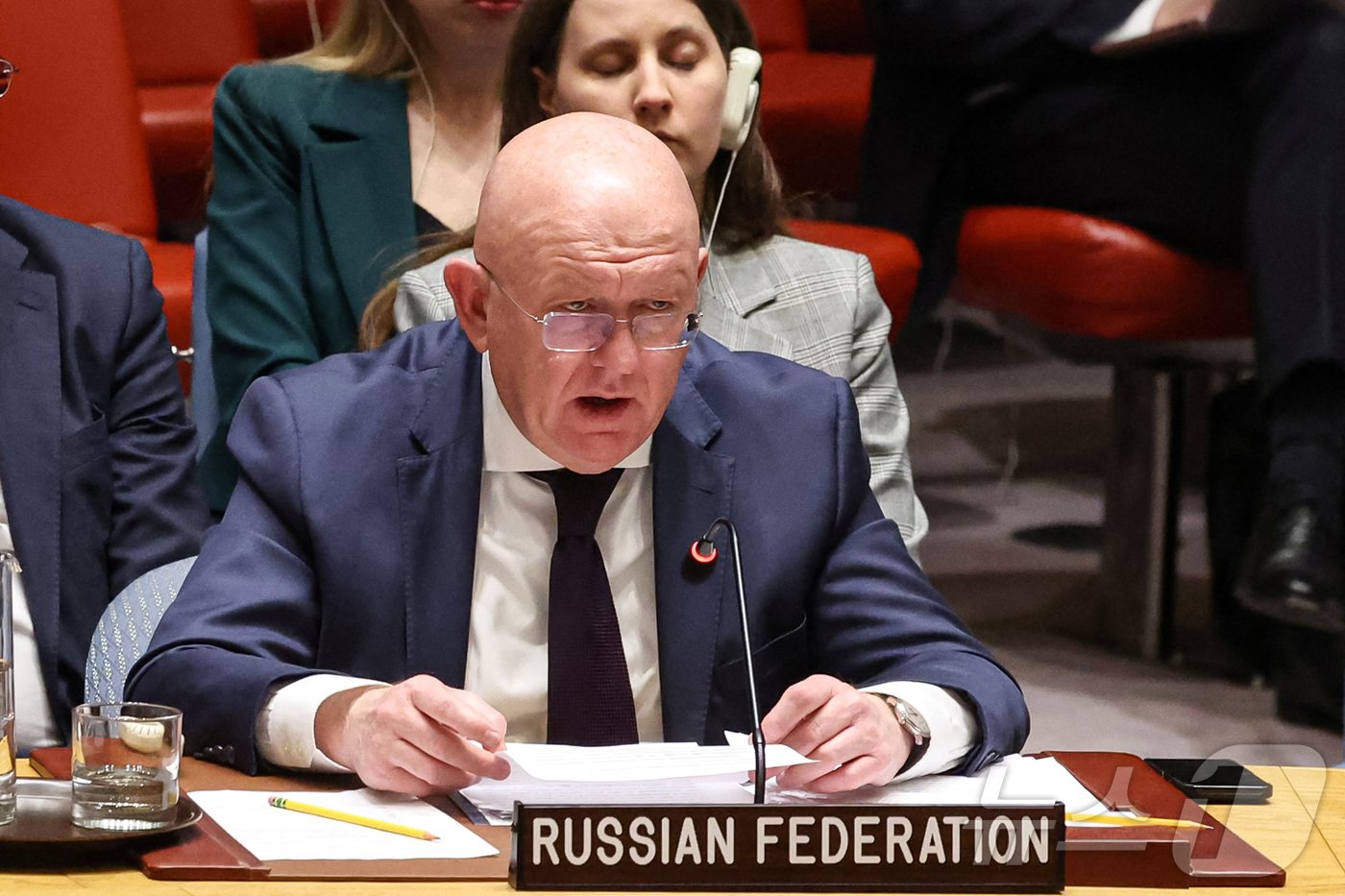 본문 이미지 - 바실리 네벤쟈 유엔 주재 러시아 대사가 18일(현지시간) 미국 뉴욕 유엔본부에서 열린 유엔 안전보장이사회(안보리) 회의에서 발언하고 있다. 2024.11.18. ⓒ 로이터=뉴스1 ⓒ News1 조소영 기자