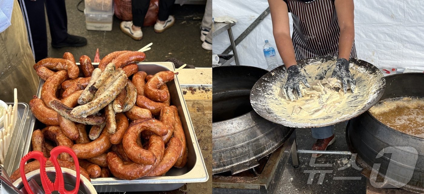 본문 이미지 - 음식을 준비하고 있는 먹거리 부스. 사진 왼쪽부터 엔초비 수제소시지와 붕장어튀김.2024.11.2/뉴스1 강미영기자
