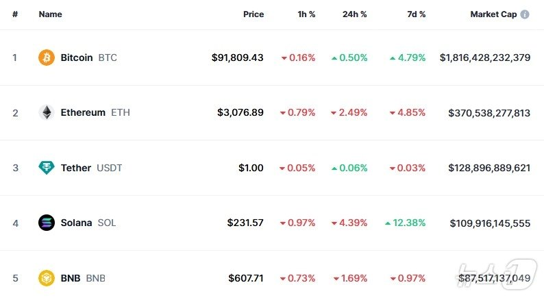 본문 이미지 - 이 시각 현재 주요 암호화폐 시황 - 코인마켓캡 갈무리