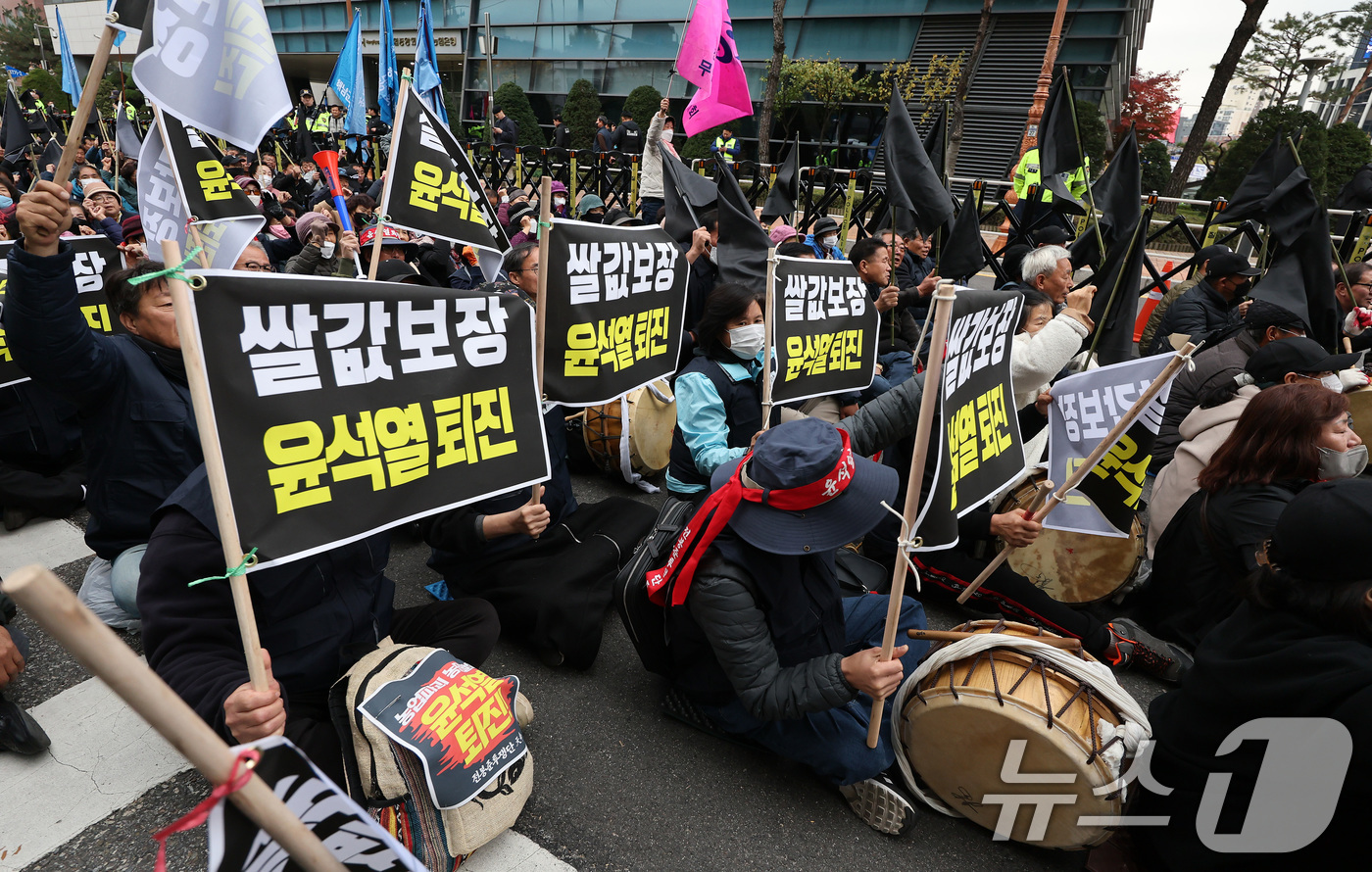 (서울=뉴스1) 이동해 기자 = 20일 오후 서울 중구 농협중앙회 본점 앞에서 열린 쌀값보장 농민결의대회에서 참가자들이 구호를 외치고 있다. 2024.11.20/뉴스1