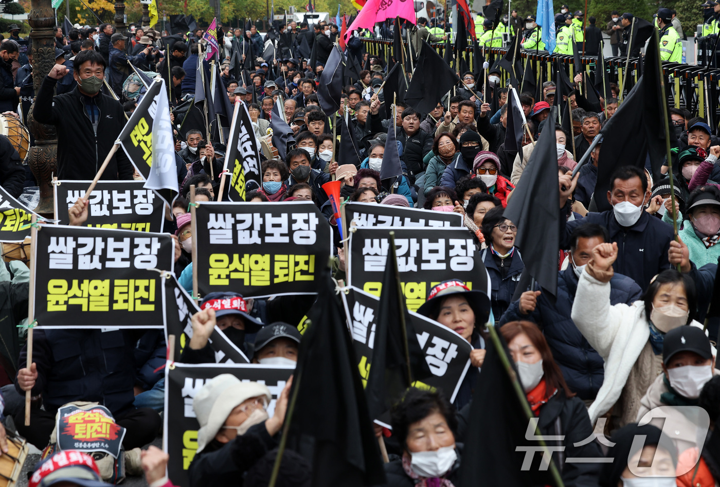 (서울=뉴스1) 이동해 기자 = 20일 오후 서울 중구 농협중앙회 본점 앞에서 열린 쌀값보장 농민결의대회에서 참가자들이 구호를 외치고 있다. 2024.11.20/뉴스1