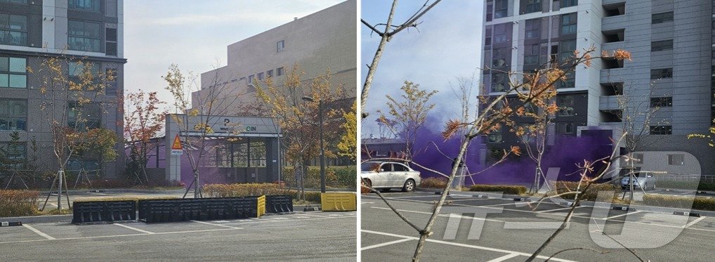 본문 이미지 -  지하 주차장에서 시작한 화재가 아파트 단지 전체로 확산되는 모습. 2024. 11.20. 오현주 기자 