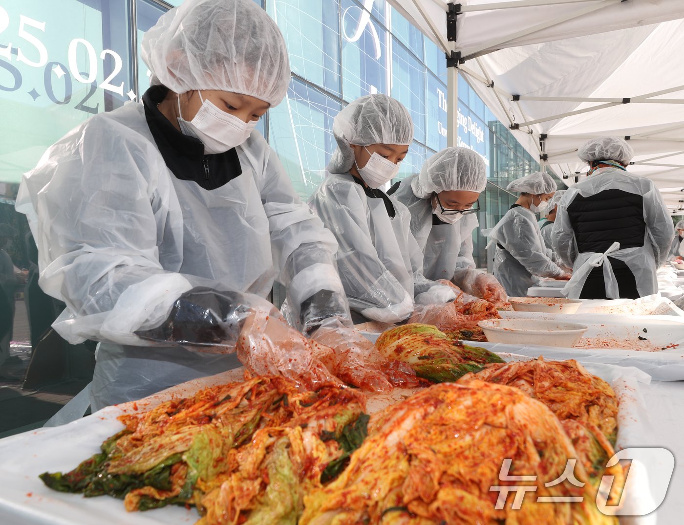 본문 이미지 - 김치의 날인 22일 경기 수원시 권선구 국립농업박물관에서 열린 ‘배추는 사랑을 싣고!’ 김장 체험 프로그램에서 구운초등학교 학생들이 직접 심고 수확한 무와 배추로 김장 체험을 하고 있다. 이날 학생들이 담근 김장 김치 100통과 깍두기 50통은 권선구청을 통해 지역사회에 기부할 예정이다. 2024.11.22/뉴스1 ⓒ News1 김영운 기자
