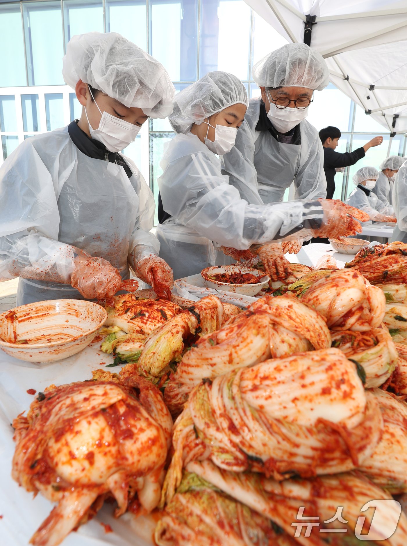 본문 이미지 - 김치의 날인 22일 경기 수원시 권선구 국립농업박물관에서 열린 ‘배추는 사랑을 싣고!’ 김장 체험 프로그램에서 구운초등학교 학생들이 직접 심고 수확한 무와 배추로 김장 체험을 하고 있다. 이날 학생들이 담근 김장 김치 100통과 깍두기 50통은 권선구청을 통해 지역사회에 기부할 예정이다. 2024.11.22/뉴스1 ⓒ News1 김영운 기자