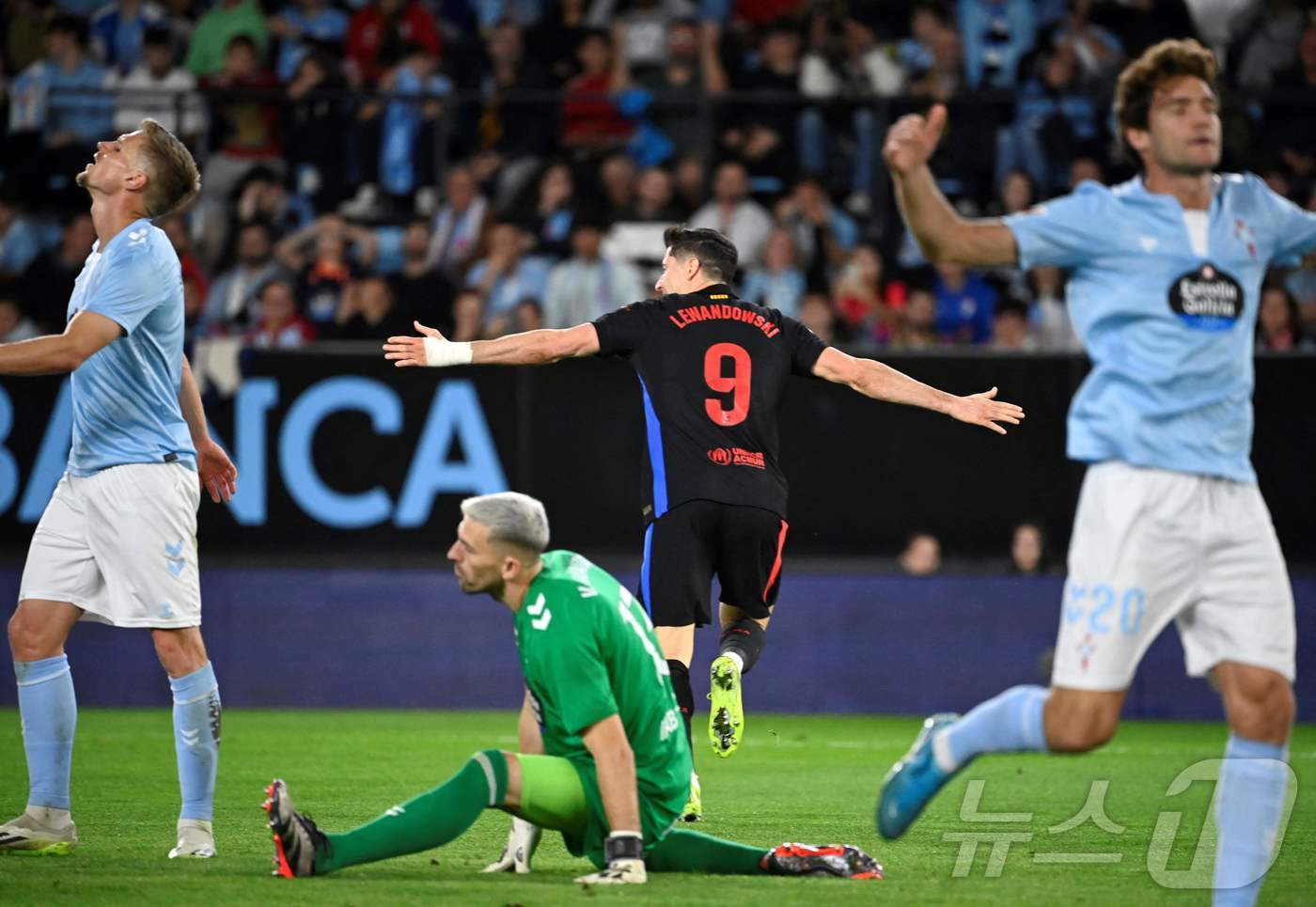 본문 이미지 - 바르셀로나 공격수 로베르트 레반도프스키(9번)가 24일(한국시간) 열린 2024-25 스페인 라리가 14라운드 셀타 비고와 원정 경기에서 후반 16분 득점을 올린 뒤 기뻐하고 있다. ⓒ AFP=뉴스1