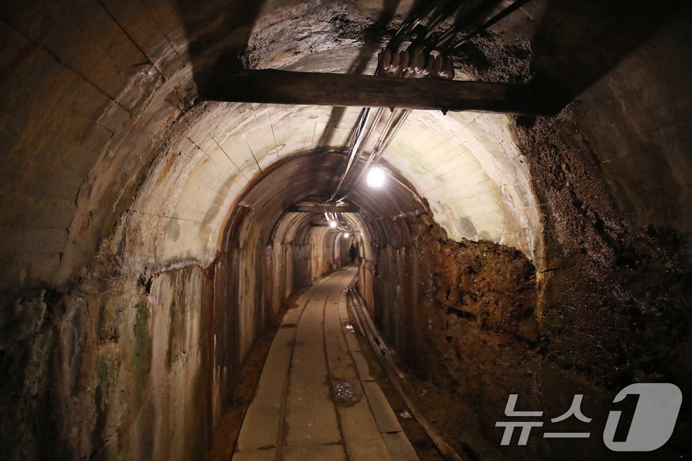 본문 이미지 - 25일 일본 니가타현 소재 사도광산 조선인 기숙사 터 제4상애료에서 열린 사도광산 강제동원 한국인 희생자 추도식에 참석한 유족들이 추도식 후 갱도를 방문했다. 사진은 사도광산 갱도 모습. 2024.11.25/뉴스1 ⓒ News1 임세영 기자