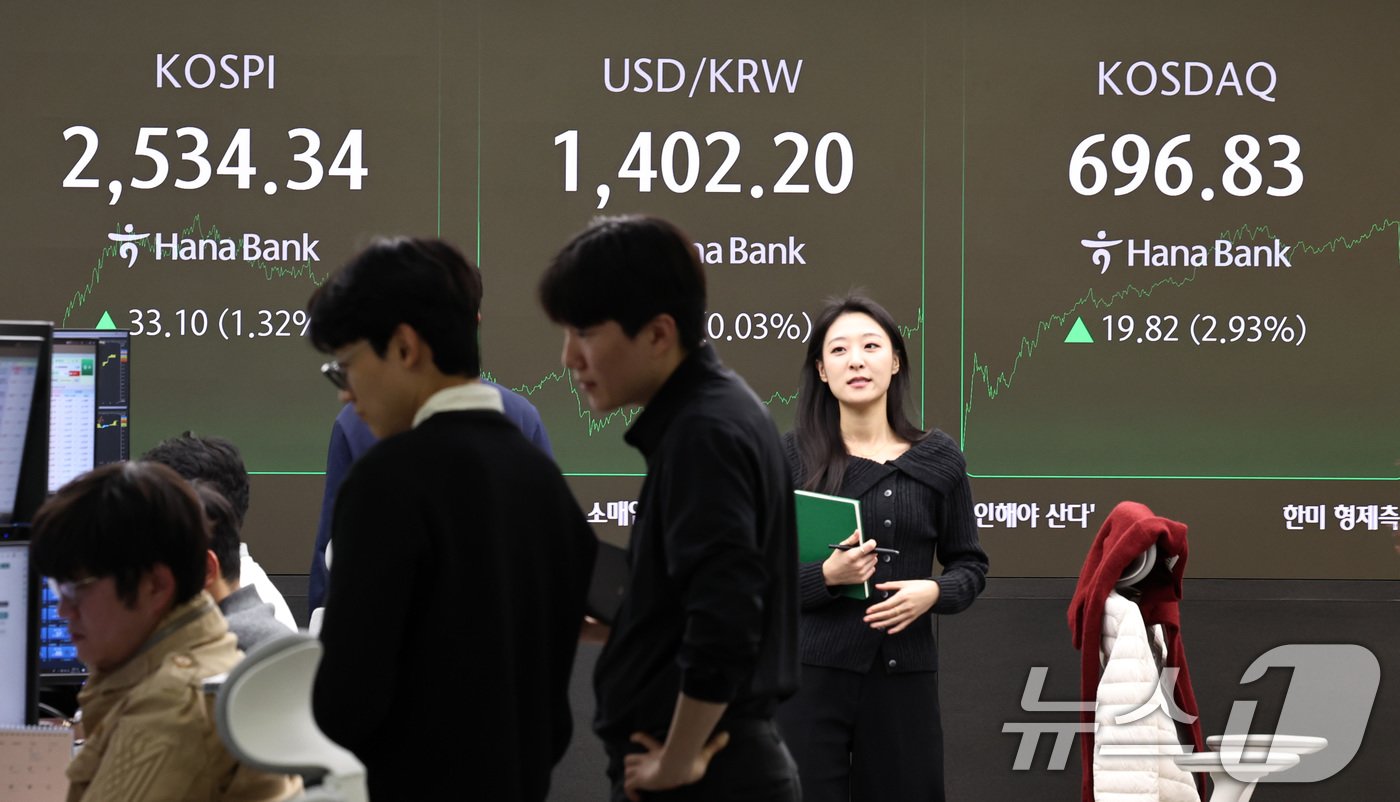 본문 이미지 - 서울 중구 하나은행 본점 딜링룸 전광판./뉴스1 ⓒ News1 구윤성 기자