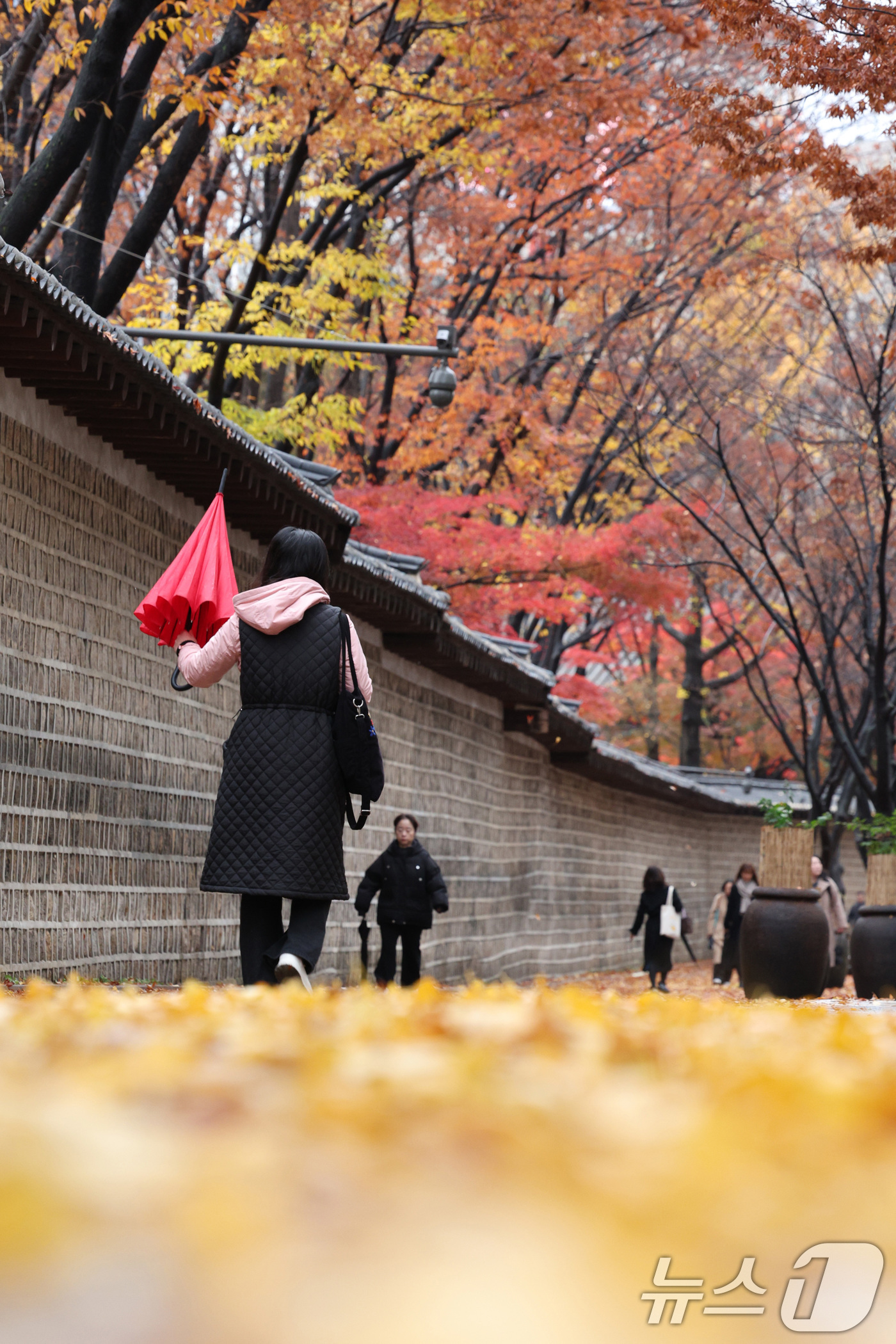 (서울=뉴스1) 신웅수 기자 = 26일 오전 서울 중구 정동길에서 시민들이 낙엽 쌓인 거리를 걷고 있다.기상청은 이날 전국에 비와 함께 강한 바람이 불다가 새벽에는 수도권에 첫눈이 …