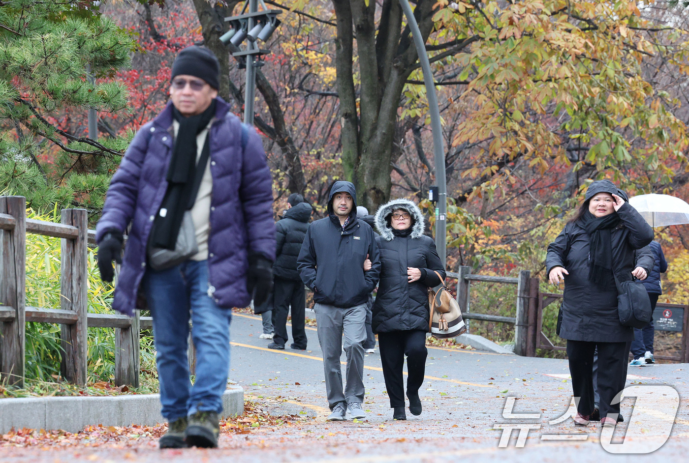 (서울=뉴스1) 장수영 기자 = 26일 오전 서울 중구 남산을 찾은 외국인 관광객들이 두꺼운 옷을 껴입고 있다.기상청은 이날 전국에 비와 함께 강한 바람이 불다가 새벽에는 수도권에 …