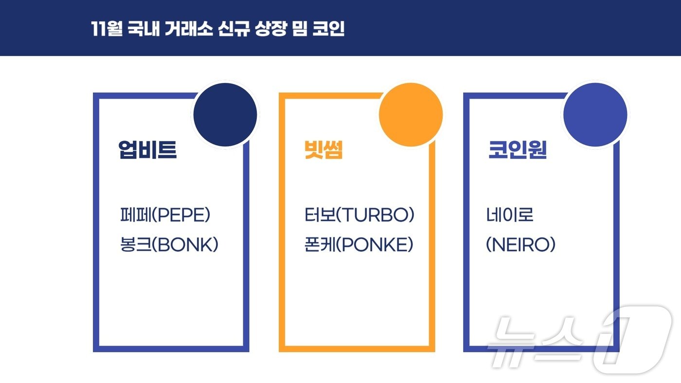 본문 이미지 - 국내 주요 가상자산 거래소 11월 밈 코인 상장 현황. 그래픽=박현영 기자