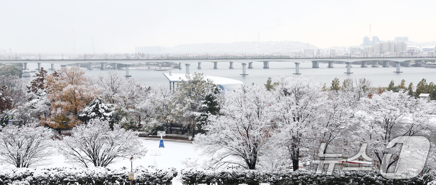 (서울=뉴스1) 김민지 기자 = 서울 전역에 대설주의보가 발효된 27일 오전 서울 여의도 국회에서 바라본 도심이 하얗게 변해 있다. 2024.11.27/뉴스1