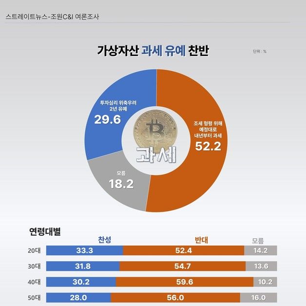 가상자산 '과세 유예' 반대 52.2%…20대 찬성 33%로 '최고'