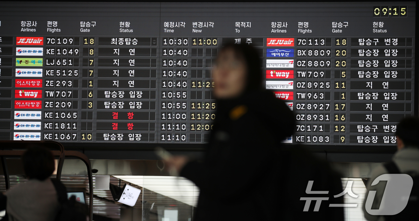 (김포공항=뉴스1) 이승배 기자 = 밤 사이 전국 대부분 지역에 많은 눈이 내린 28일 김포공항 국내선 전광판에 지연 및 결항 안내가 표시되고 있다. 2024.11.28/뉴스1