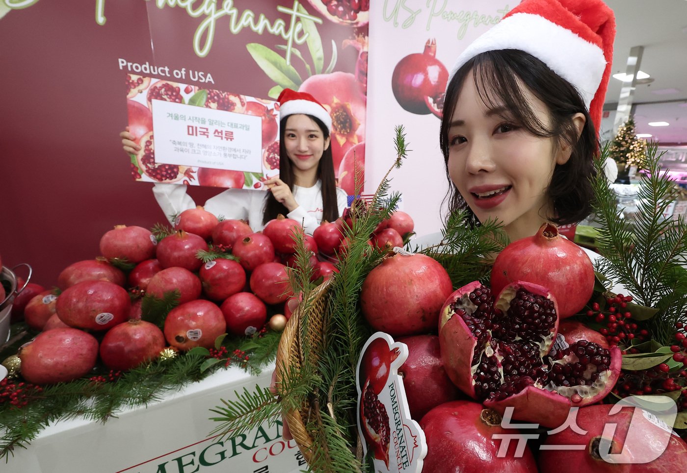 본문 이미지 - 28일 서울 중구 롯데마트 제타플렉스 서울역점에서 모델들이 미국 석류를 소개하고 있다. 2024.11.28/뉴스1 ⓒ News1 김성진 기자