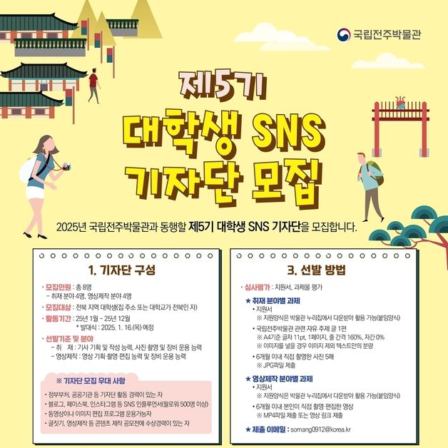 국립전주박물관, 제5기 대학생 SNS 기자단 8명 모집