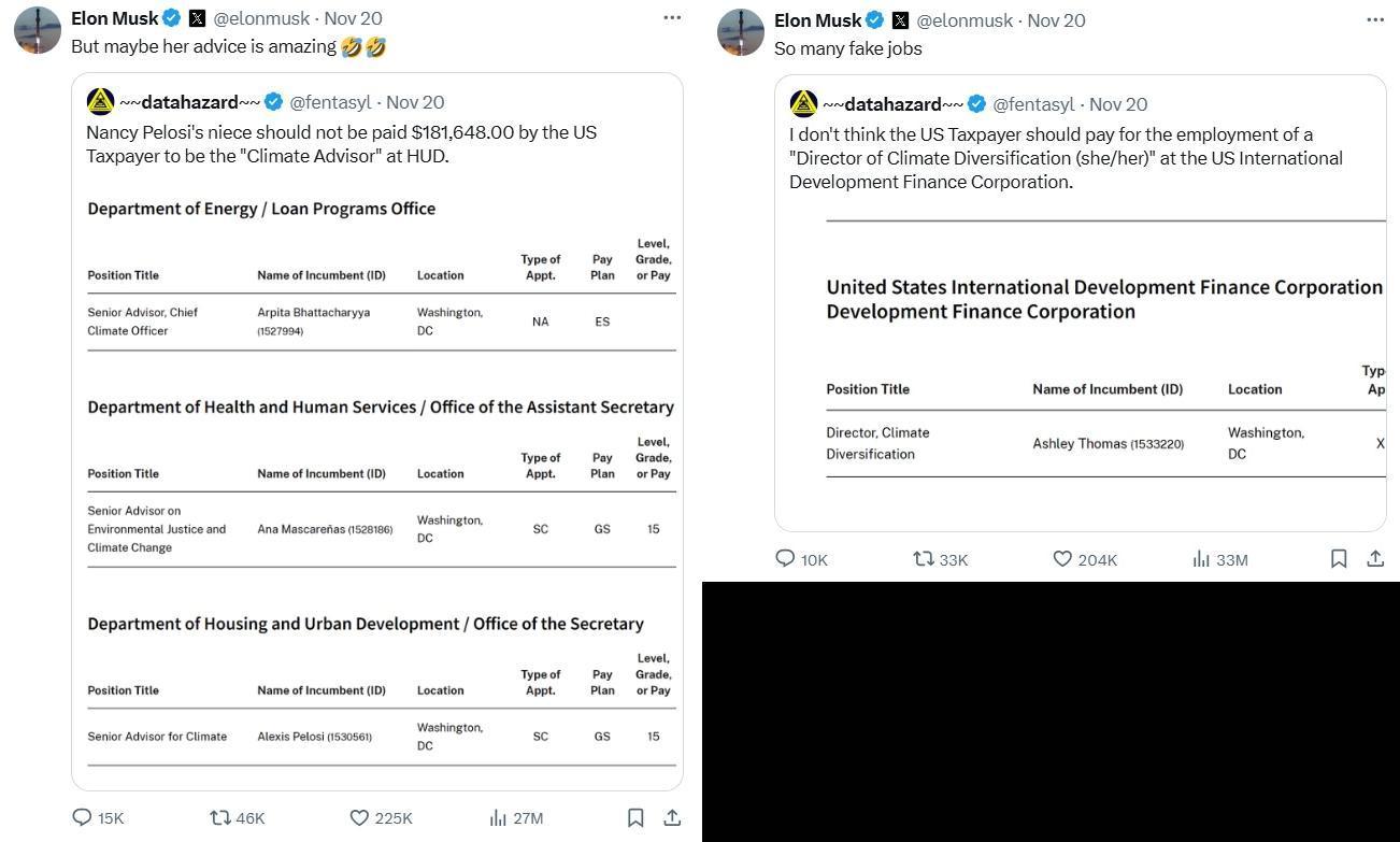본문 이미지 - 머스크가 4명의 공직자들을 저격하며 올린 엑스(SNS) 게시글 갈무리. 2024.11.27/