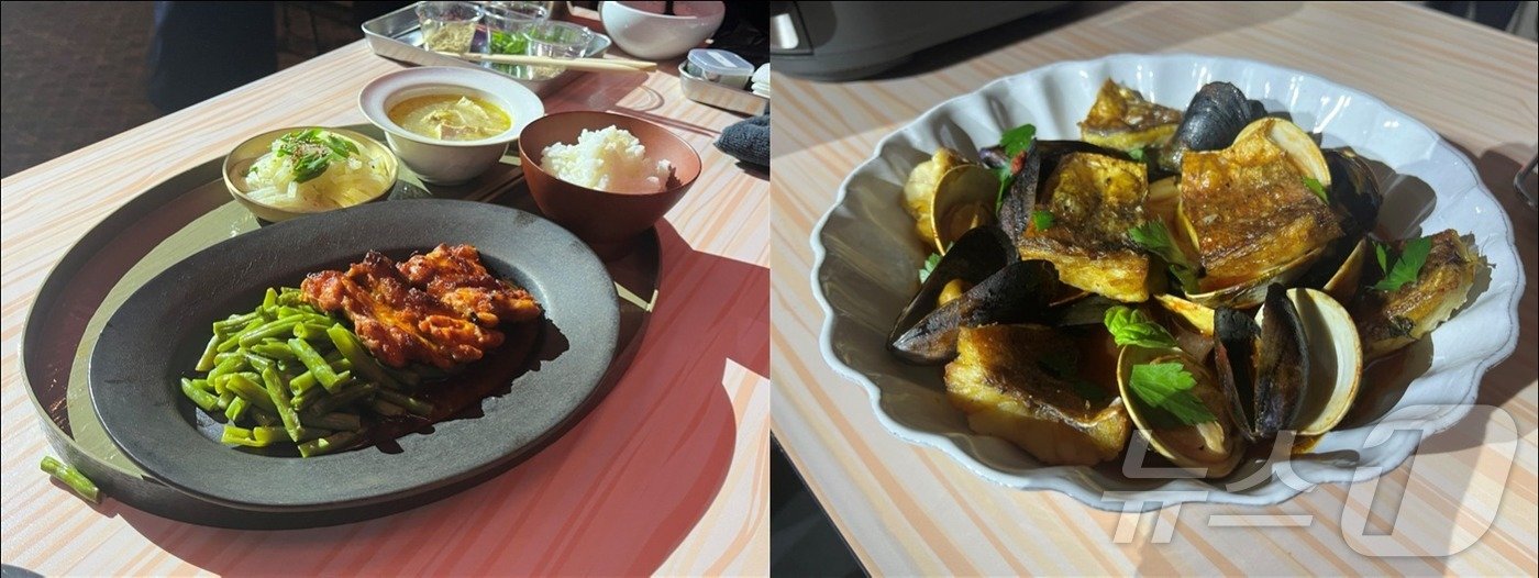 본문 이미지 - 조서형 셰프와 권성준 셰프가 멀티 쿠커로 만들어 낸 음식. 국물을 끓여내면서도 구이는 바삭하게 조리됐다. ⓒ 뉴스1 김형준 기자