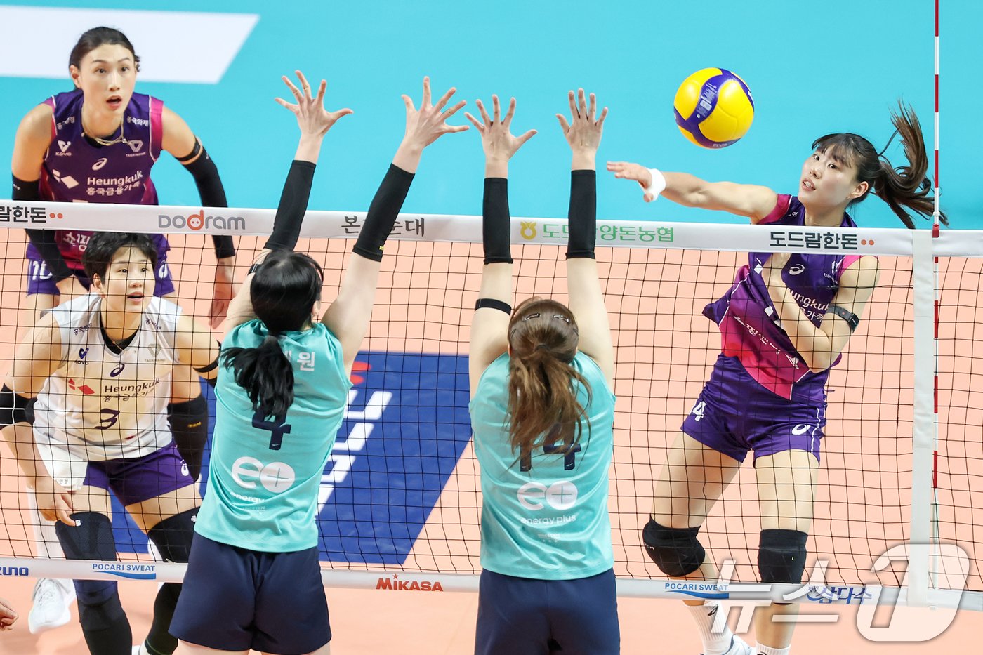 본문 이미지 - 28일 오후 서울 중구 장충체육관에서 열린 프로배구 &#39;도드람 2024-2025 V-리그&#39; 여자부 GS칼텍스 서울KIXX와 흥국생명 핑크스파이더스의 경기에서 흥국생명 정윤주가 공격을 시도하고 있다. 2024.11.28/뉴스1 ⓒ News1 민경석 기자