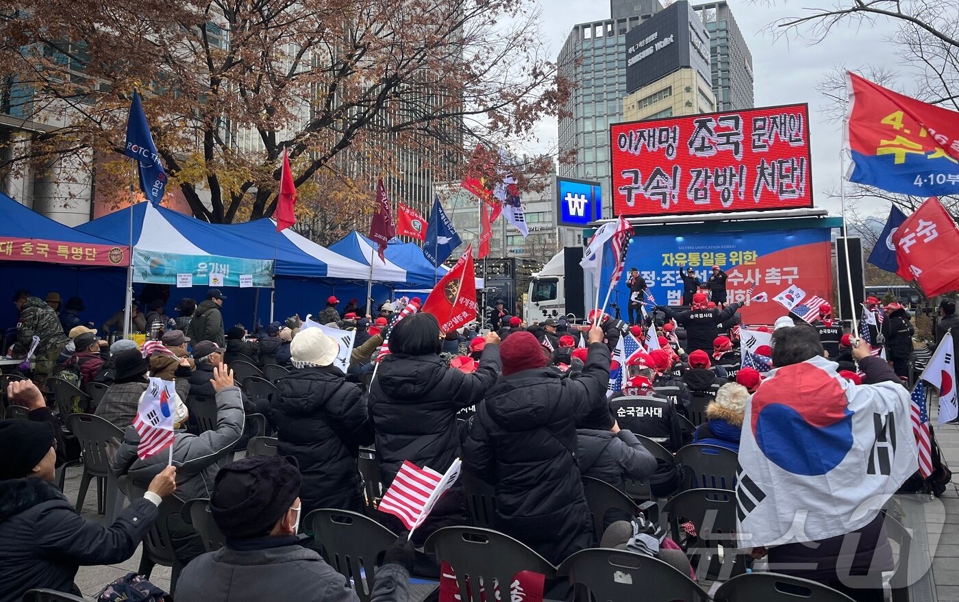 본문 이미지 - 30일 오후 1시쯤 서울 종로구 동화면세점 앞에서 보수 성향 대한민국안보단체총연합이 민주당 규탄 집회를 열었다. 2024.11.30/뉴스1