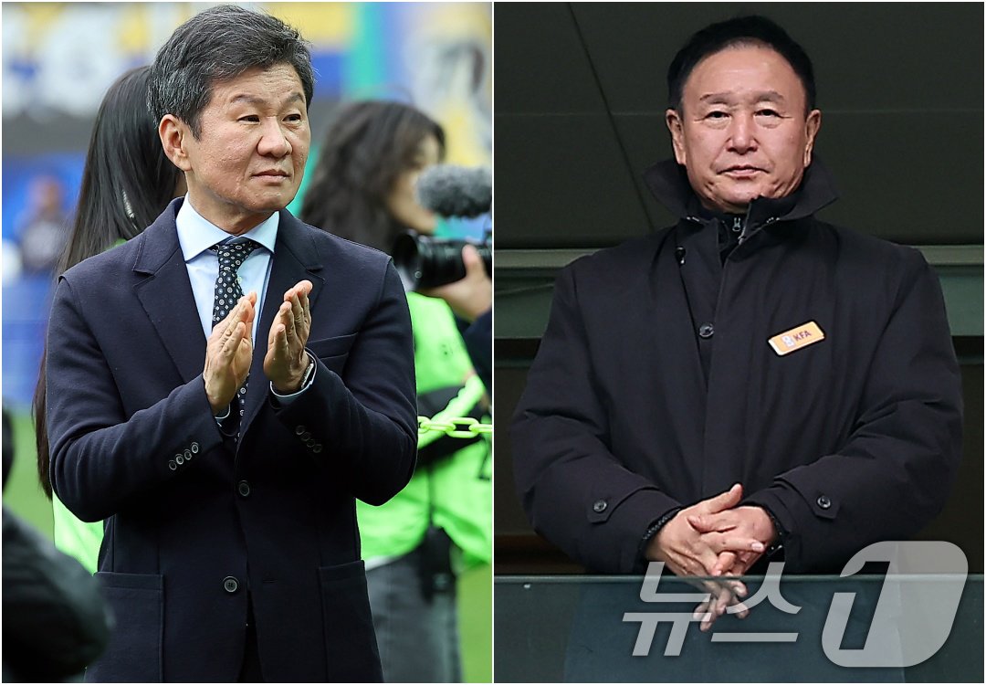 본문 이미지 - 정몽규 대한축구협회장과 허정무 허정무 전 대전하나시티즌 이사장이 30일 오후 서울 마포구 서울월드컵경기장에서 열리는 &#39;2024 하나은행 코리아컵 결승전&#39; 포항 스틸러스와 울산HD의 경기를 관전하기 위해 자리했다. 두 사람은 내년에 진행되는 제55대 대한축구협회장 자리를 놓고 경쟁할 예정이다. 2024.11.30/뉴스1 ⓒ News1 김진환 기자