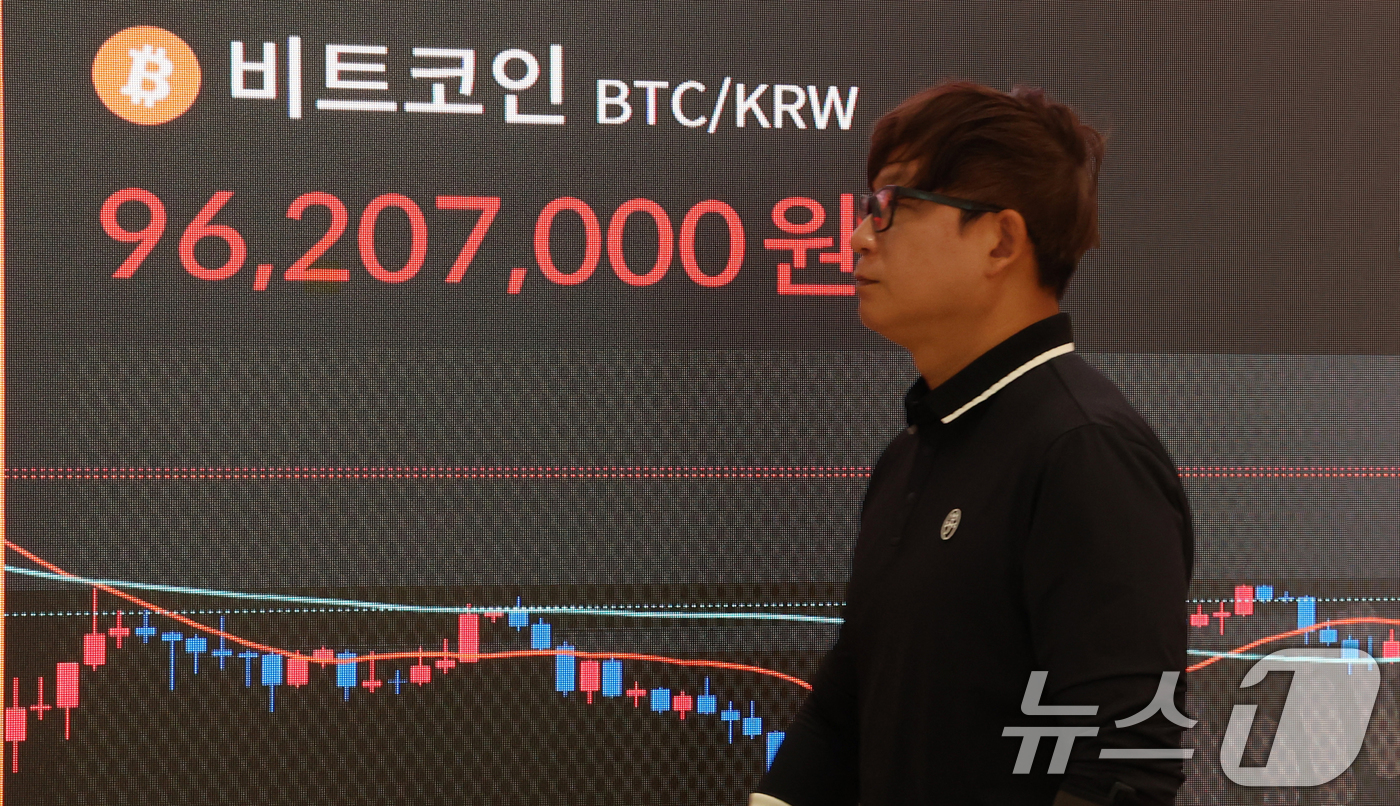 (서울=뉴스1) 김명섭 기자 = 4일 오후 서울 서초구 빗썸라운지 시황판에 비트코인의 가격이 표시되고 있다. 미 대선에서 공화당 대통령 후보 도널드 트럼프 전 대통령의 당선 가능성 …