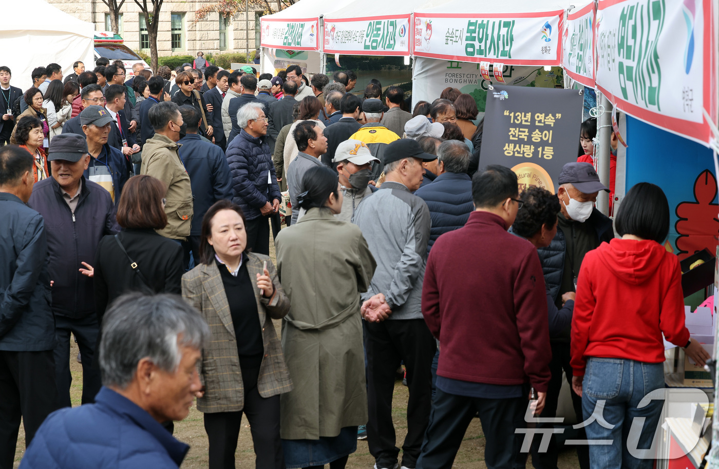 (서울=뉴스1) 이동해 기자 = 4일 서울 중구 서울시청 광장에서 열린 경상북도 사과 홍보행사에서 시민들이 품질 좋은 각 지역의 사과를 구입하고 있다.이번 행사는 오는 6일까지 사 …