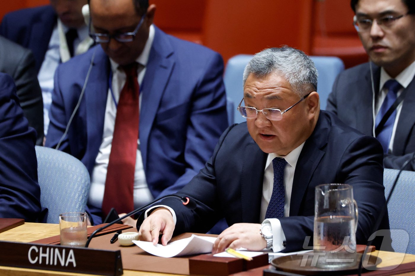 본문 이미지 - 지난 8월 13일 미국 뉴욕 유엔본부에서 열린 안전보장이사회(안보리) 회의에서 발언중인 푸충 주유엔 중국대사. 2024.08.13 ⓒ 로이터=뉴스1 ⓒ News1 김지완 기자